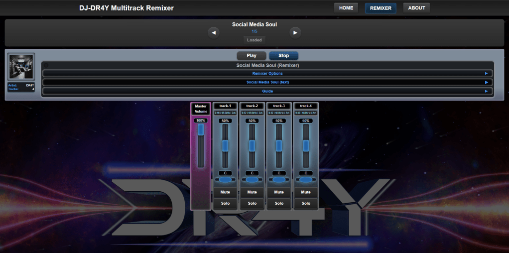 Screenshot showing DR4Y Remixer’s track control panel with volume settings, mix options, and track info.
